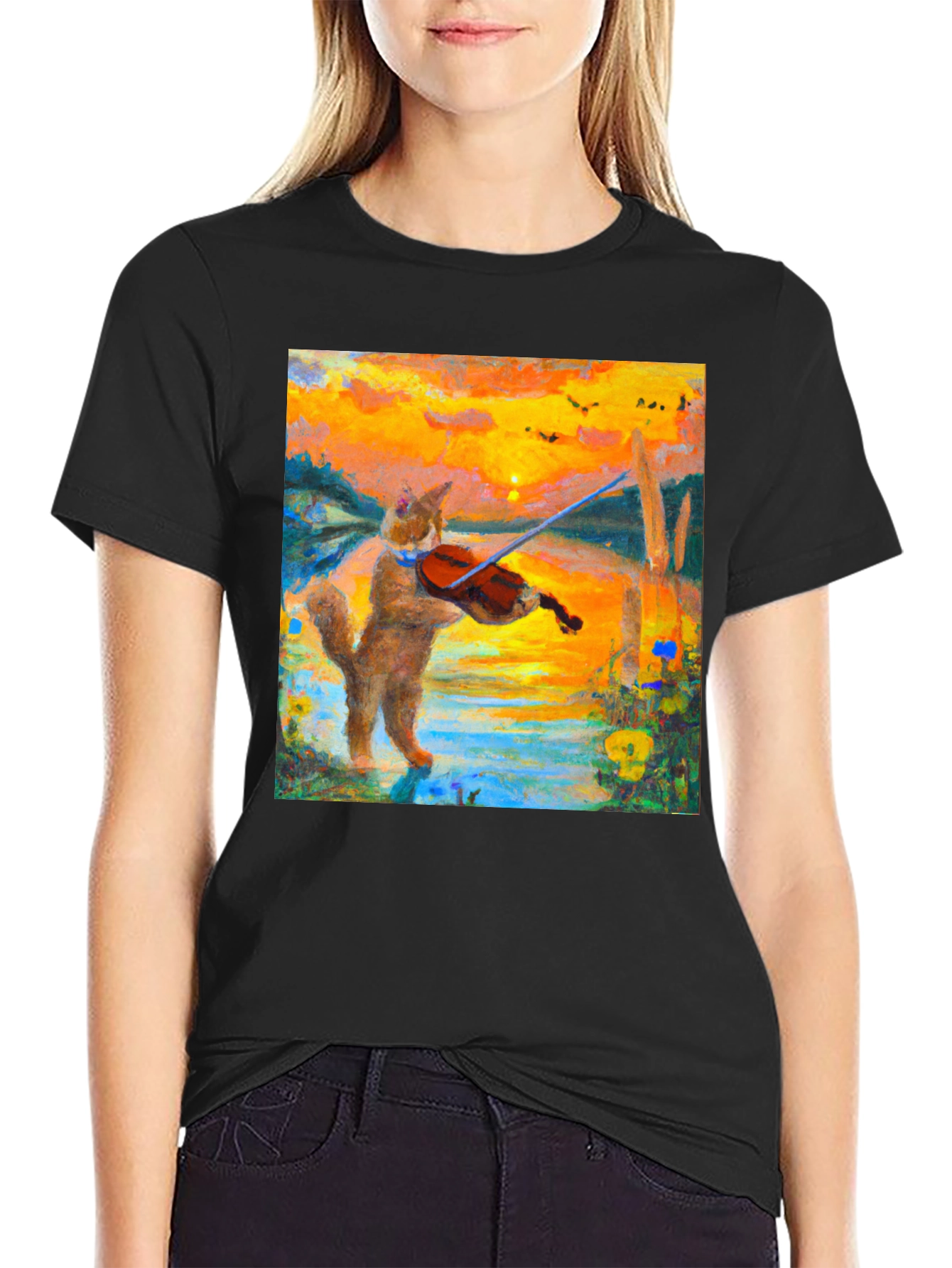 Cat Violinist Sunset Graphic T-Shirt