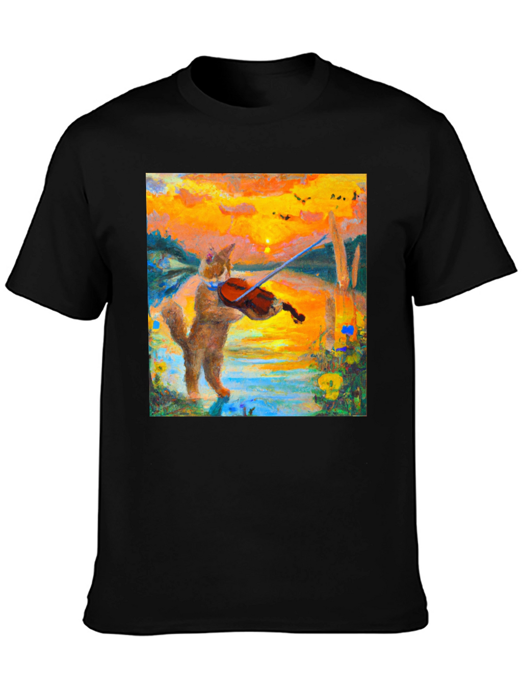 Cat Violinist Sunset Graphic T-Shirt