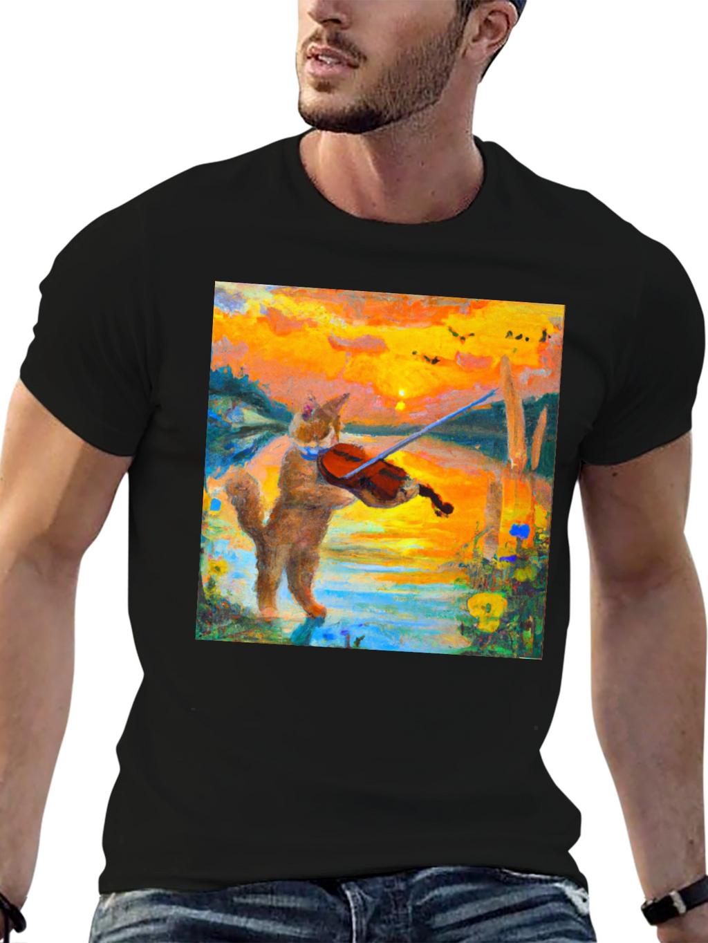 Cat Violinist Sunset Graphic T-Shirt