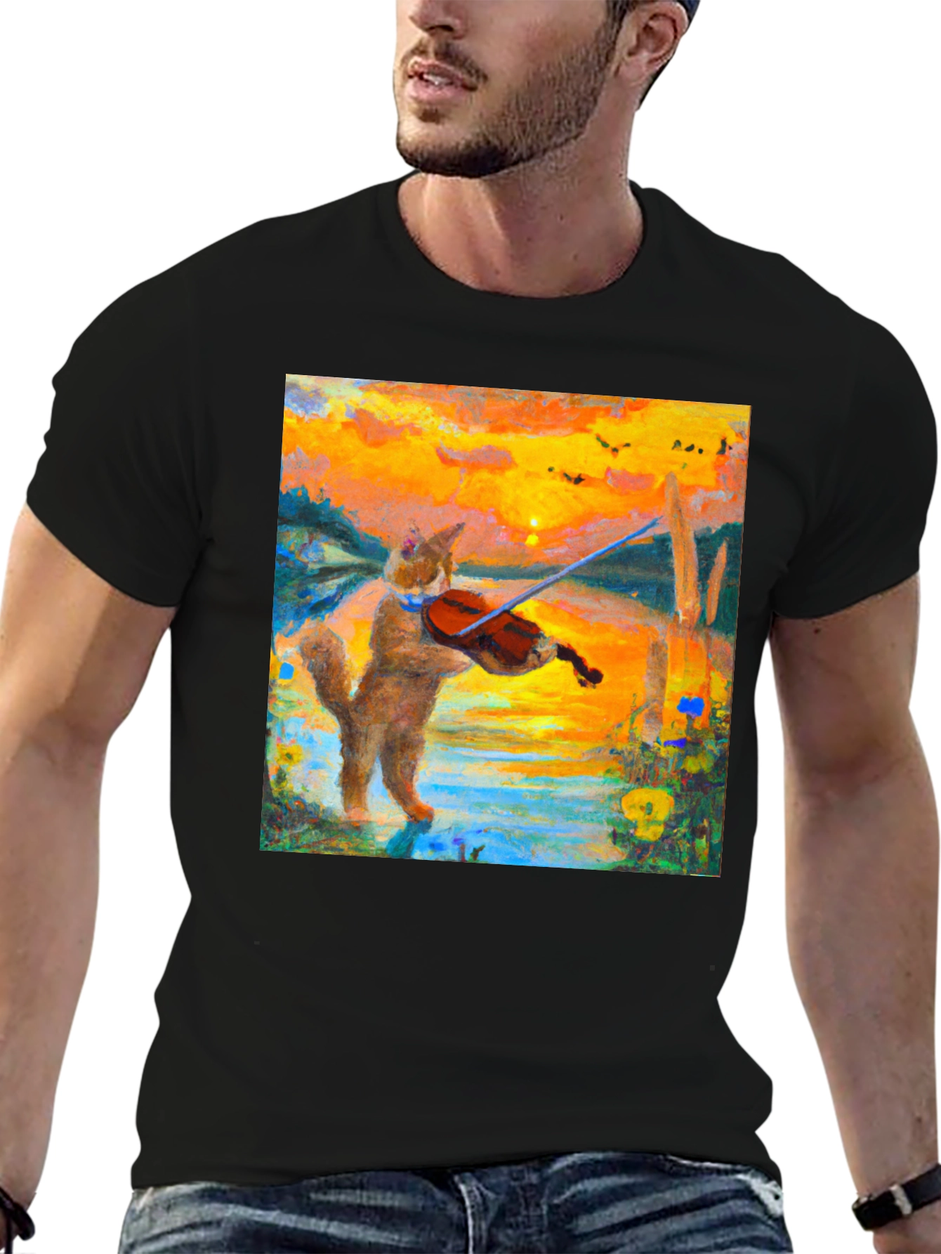 Cat Violinist Sunset Graphic T-Shirt