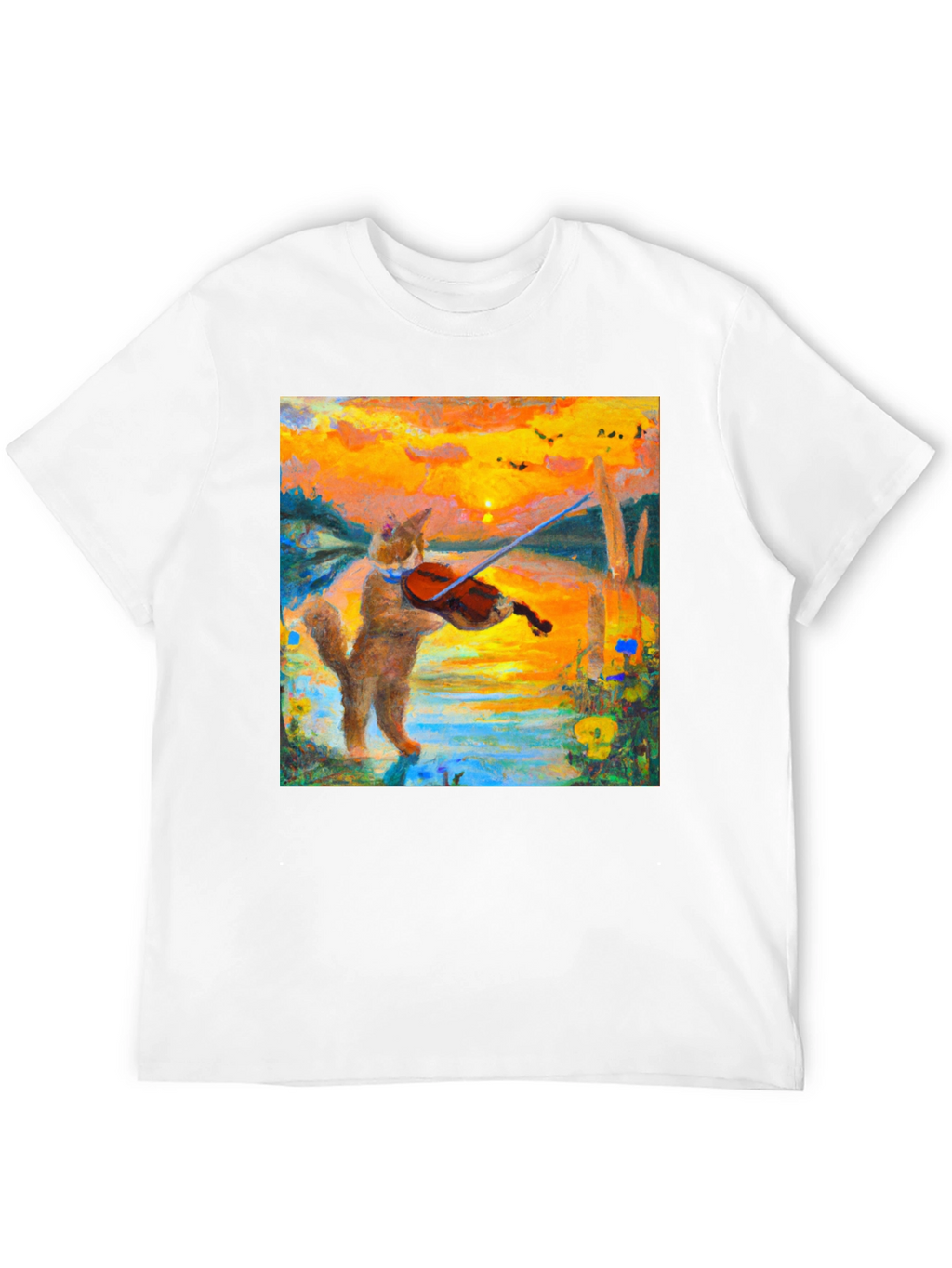 Cat Violinist Sunset Graphic T-Shirt