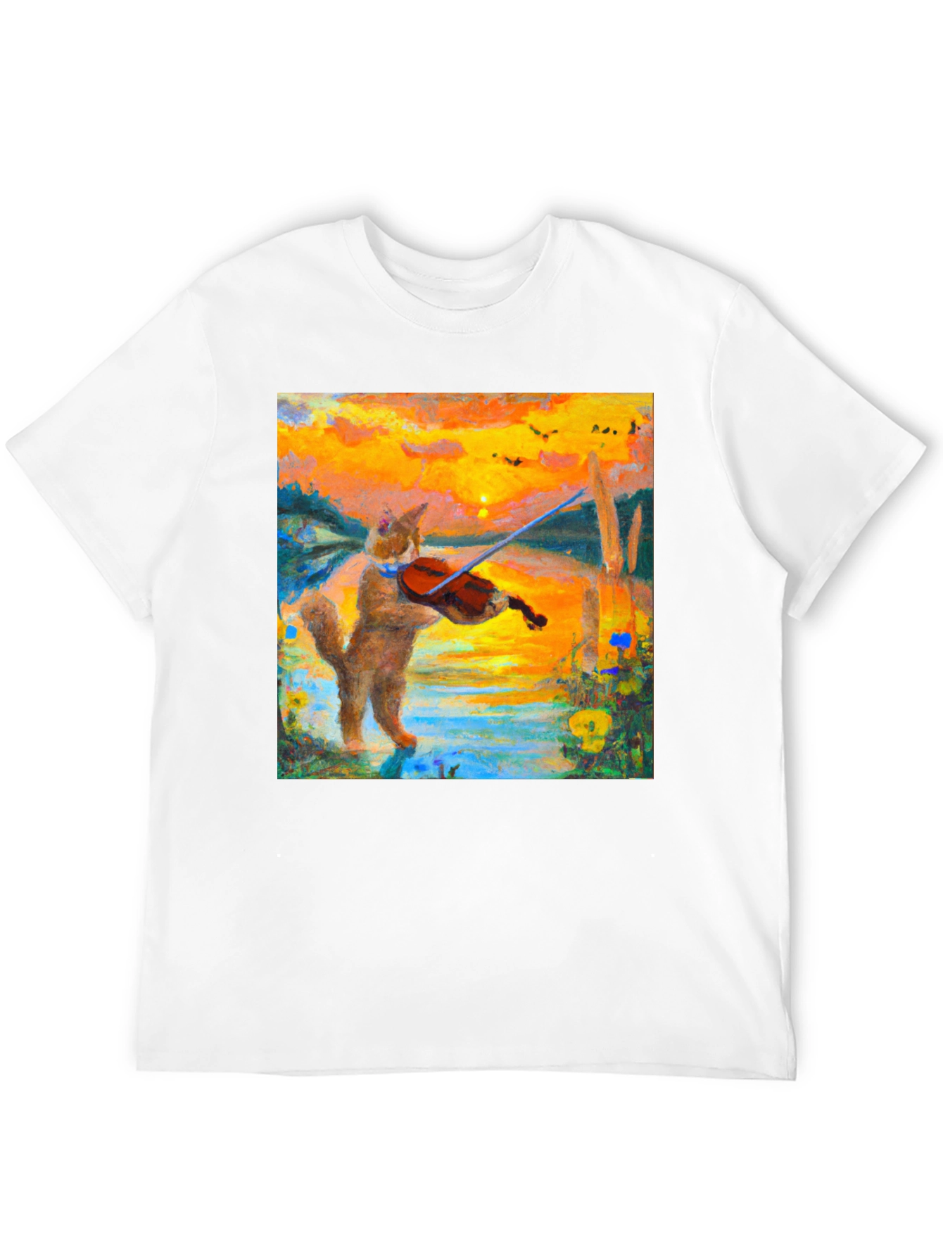 Cat Violinist Sunset Graphic T-Shirt
