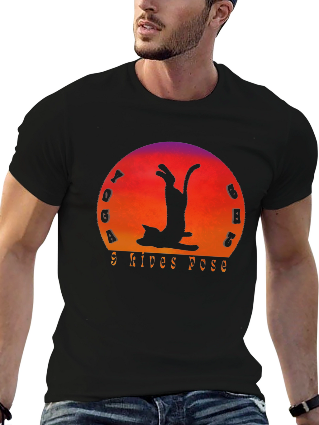 Yoga Cat 9 Lives Pose Black T-Shirt