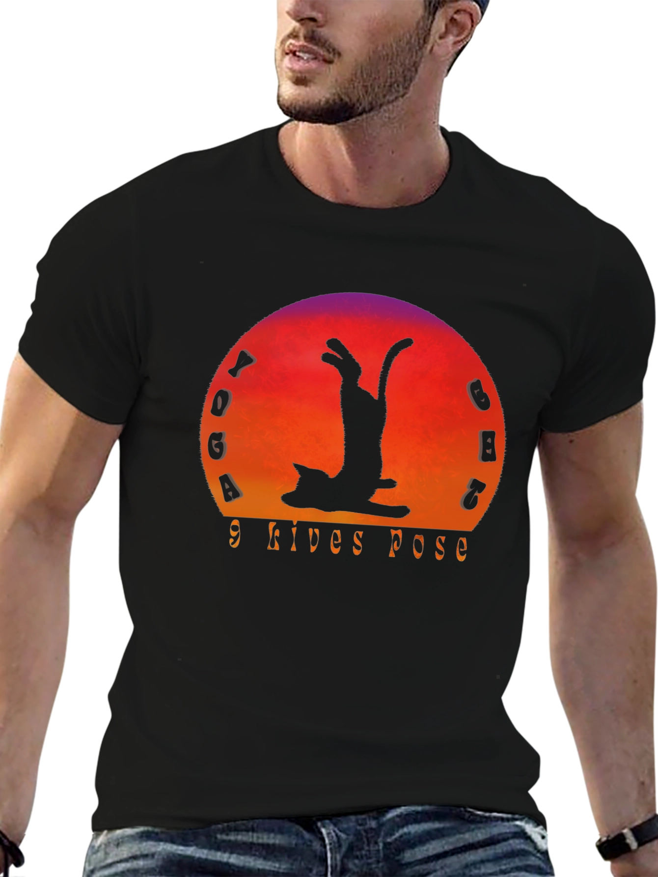 Yoga Cat 9 Lives Pose Black T-Shirt