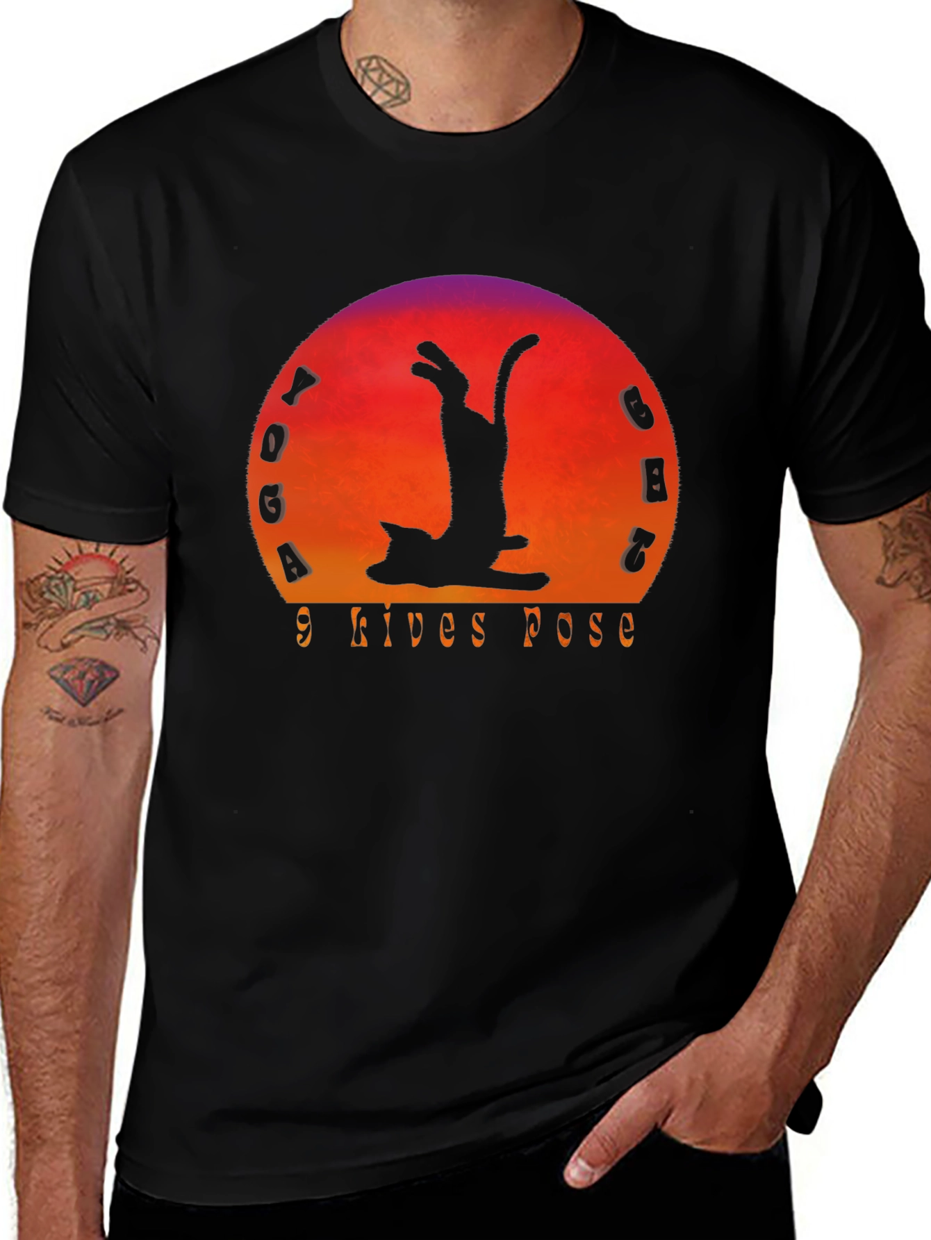 Yoga Cat 9 Lives Pose Black T-Shirt