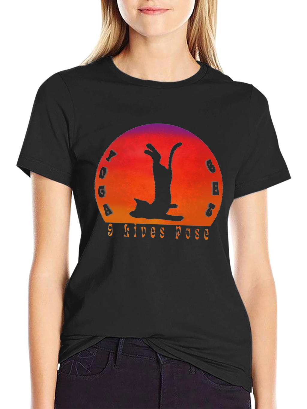 Yoga Cat 9 Lives Pose Black T-Shirt