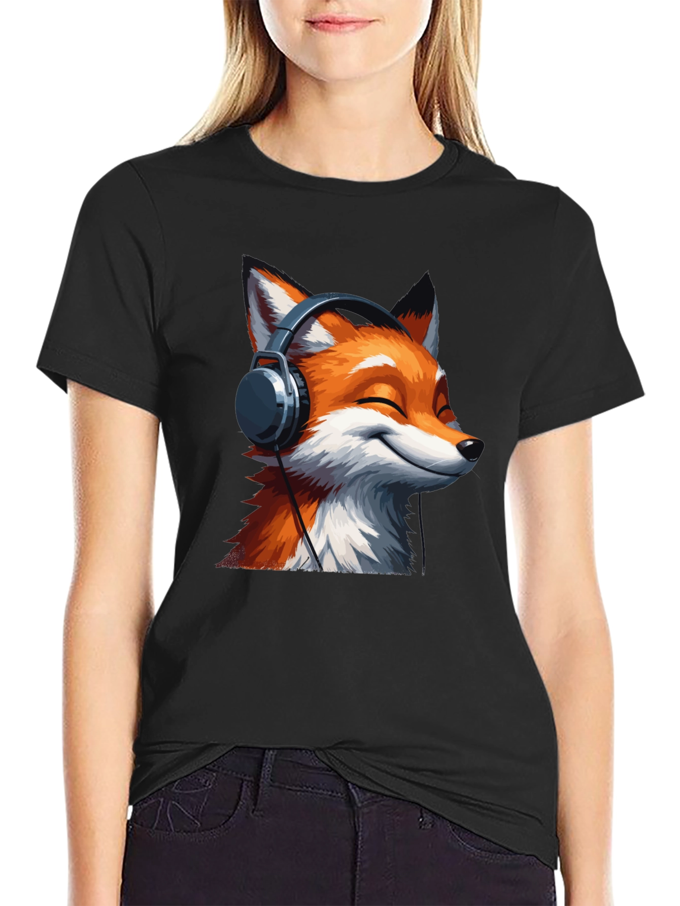 Fox Headphones Black T-Shirt - Music Lover Tee