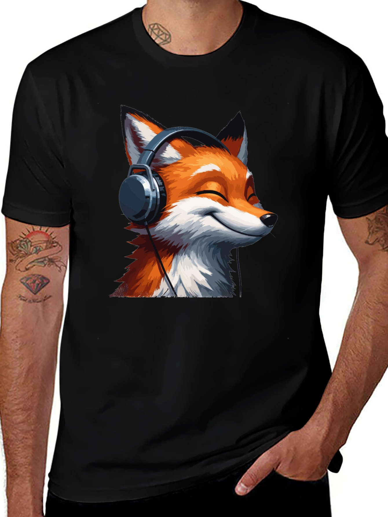 Fox Headphones Black T-Shirt - Music Lover Tee