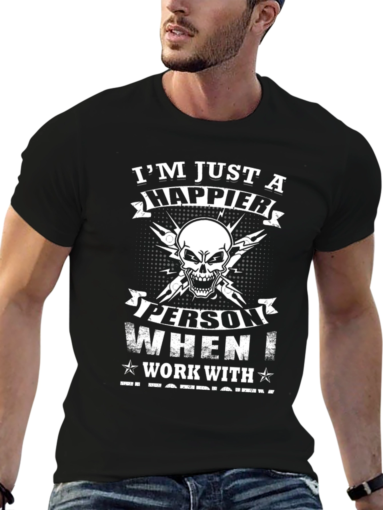 Happier Electrician T-Shirt: Skull & Tools Design