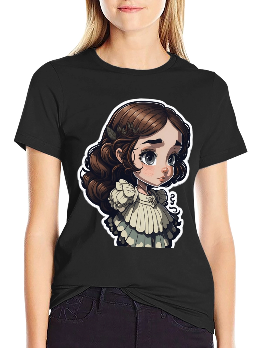 Cute Cartoon Girl Black T-Shirt