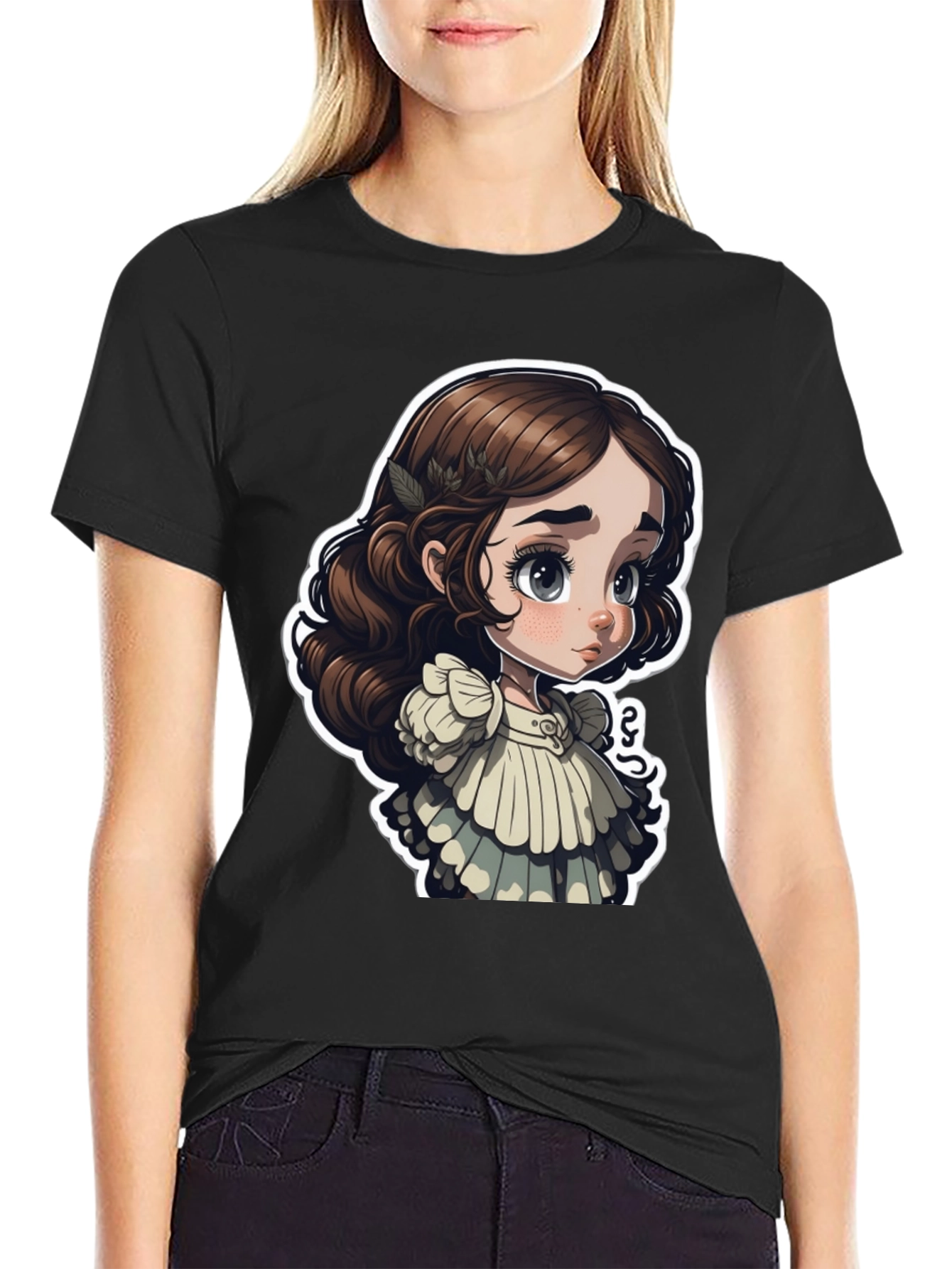 Cute Cartoon Girl Black T-Shirt