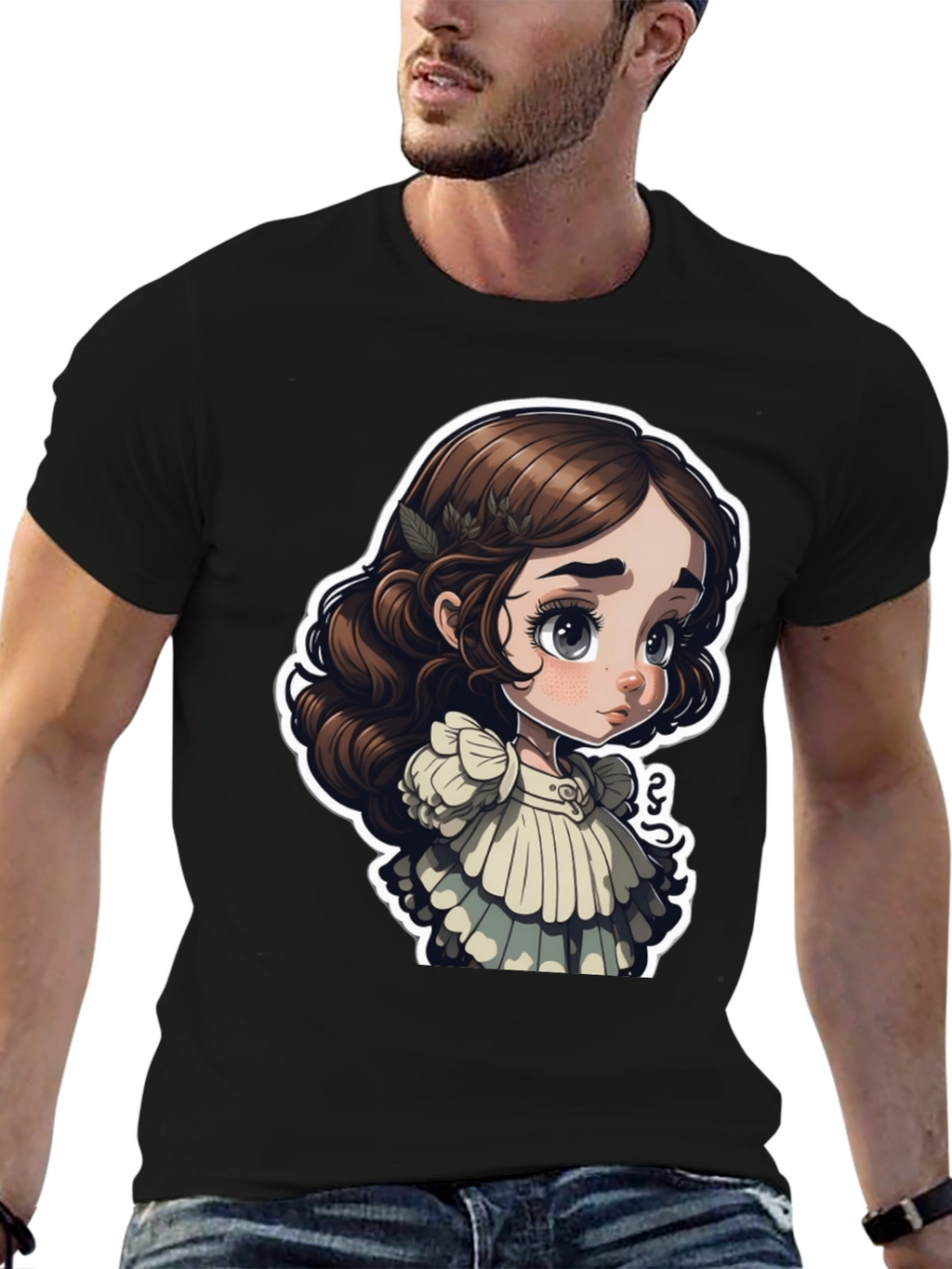 Cute Cartoon Girl Black T-Shirt