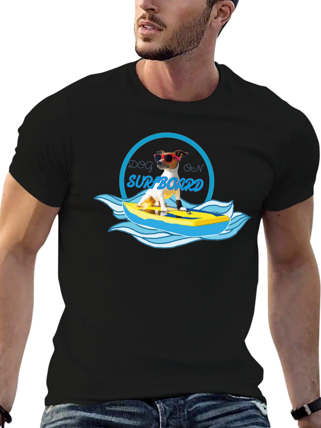 Dog on Surfboard Graphic T-Shirt - Black