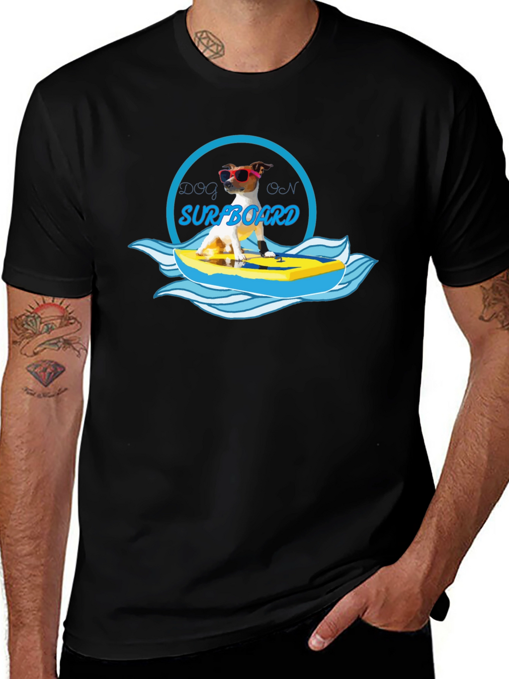 Dog on Surfboard Graphic T-Shirt - Black