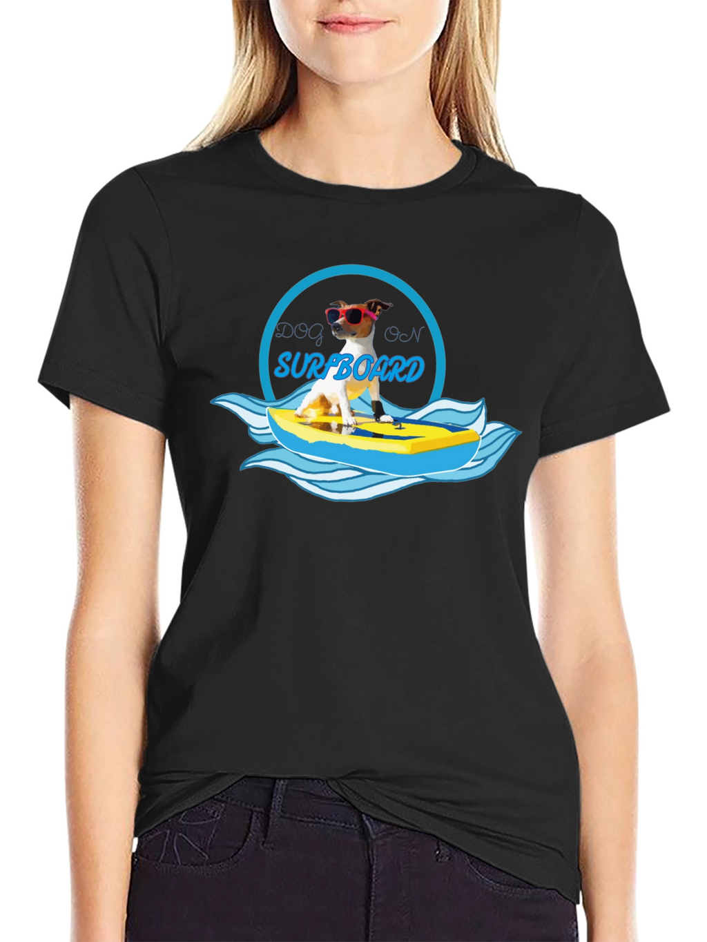 Dog on Surfboard Graphic T-Shirt - Black