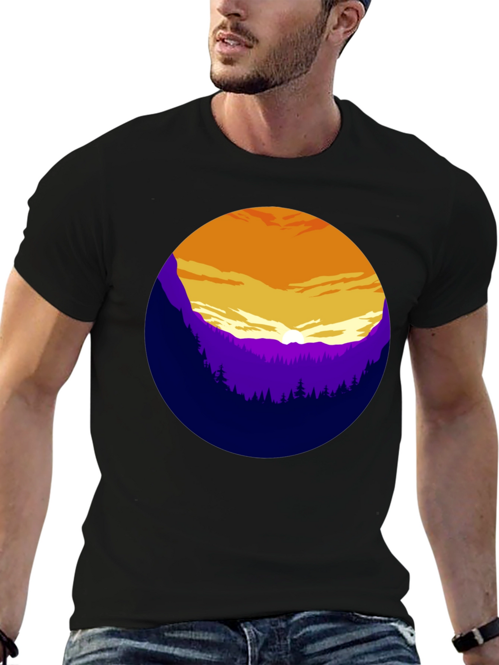 Sunset Mountain Graphic Tee - Stylish Black T-Shirt