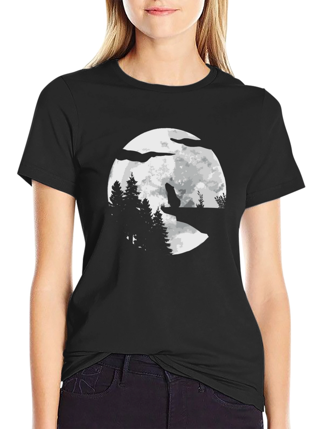 Wolf Moon Graphic Tee - Black Cotton Blend T-Shirt