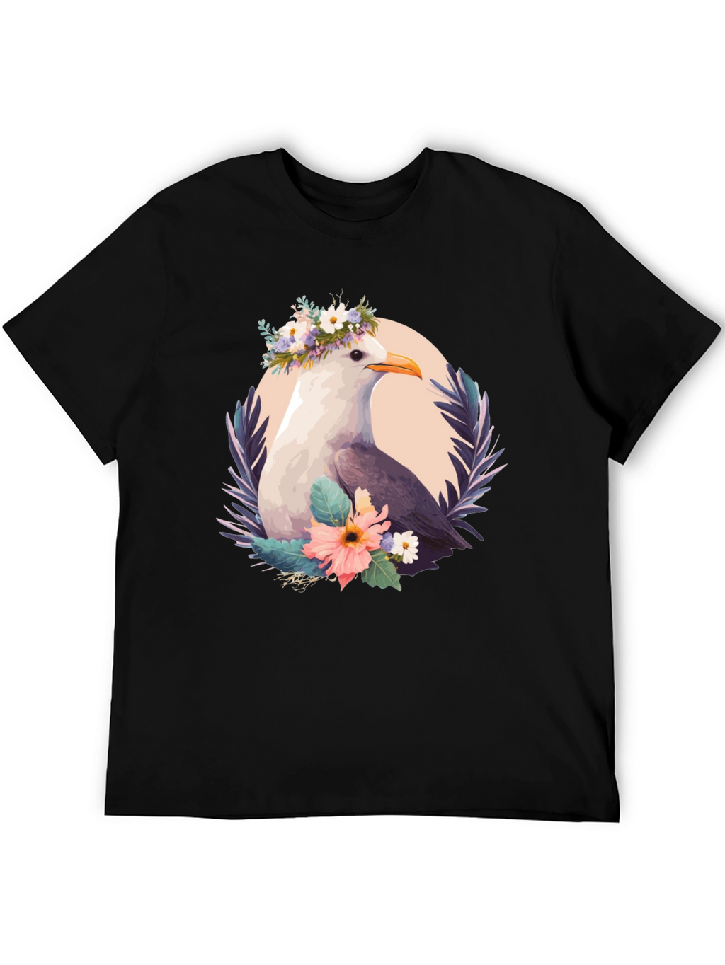 Seagull Floral Wreath Black T-Shirt