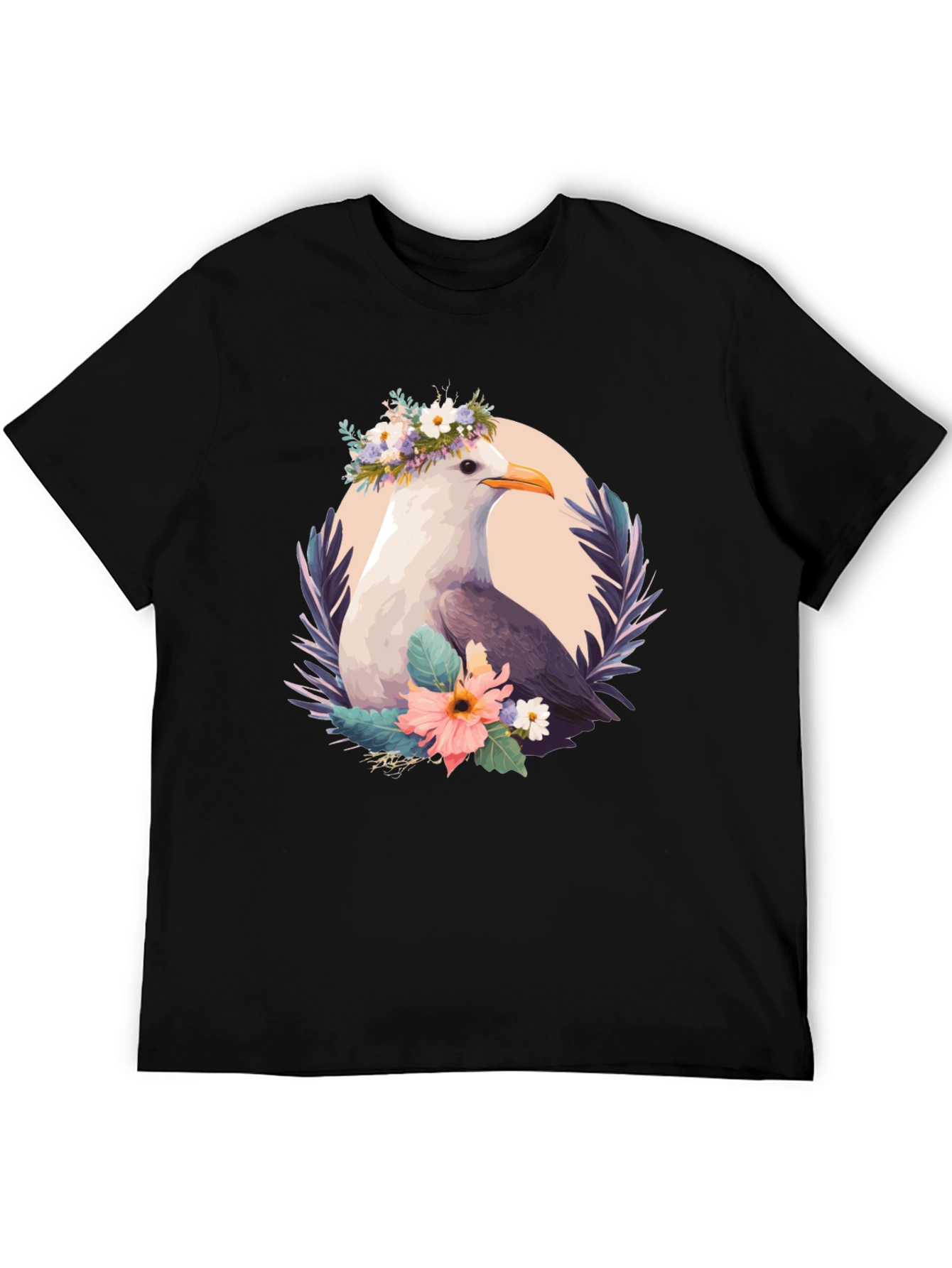 Seagull Floral Wreath Black T-Shirt