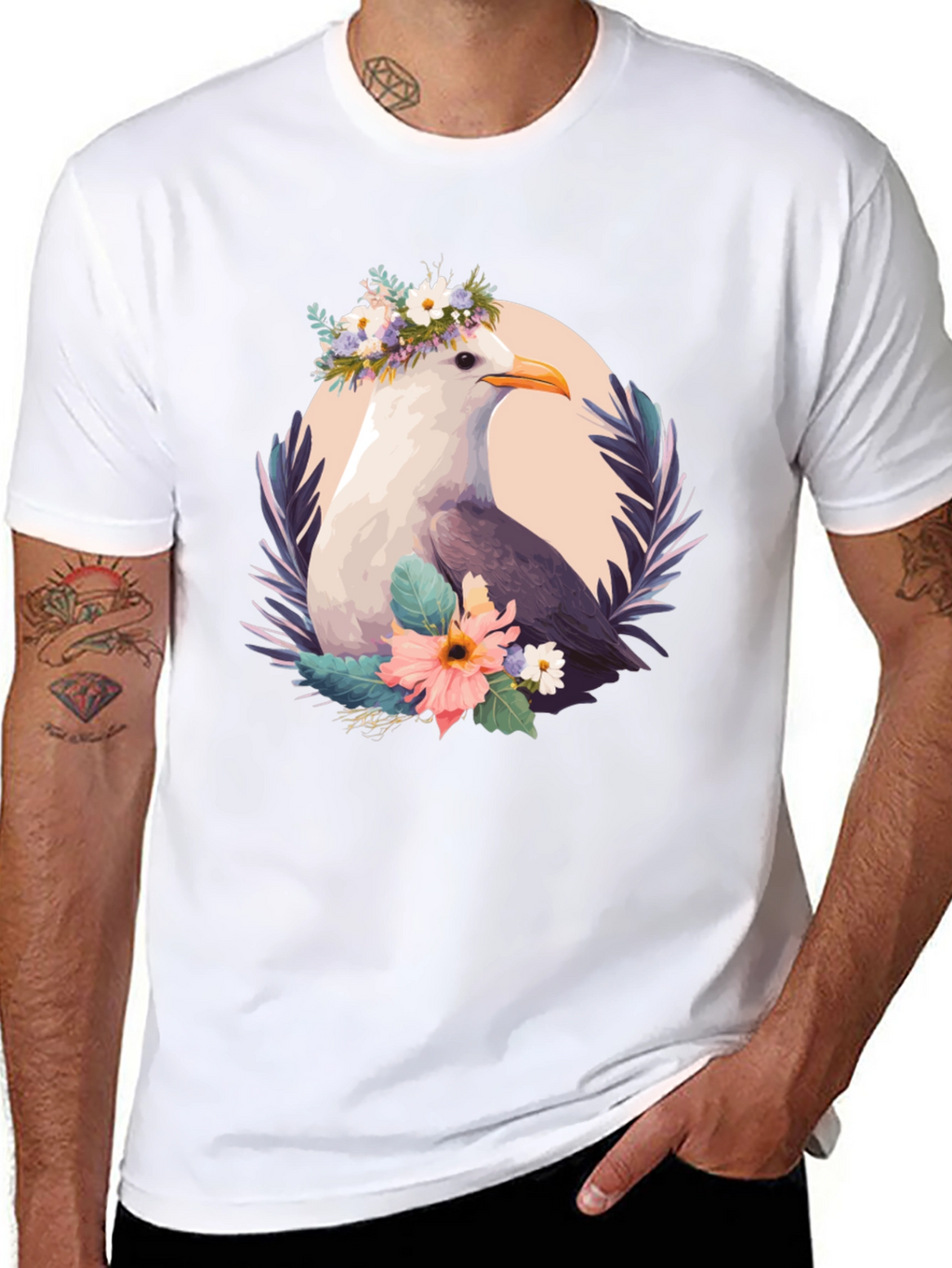 Seagull Floral Wreath Black T-Shirt