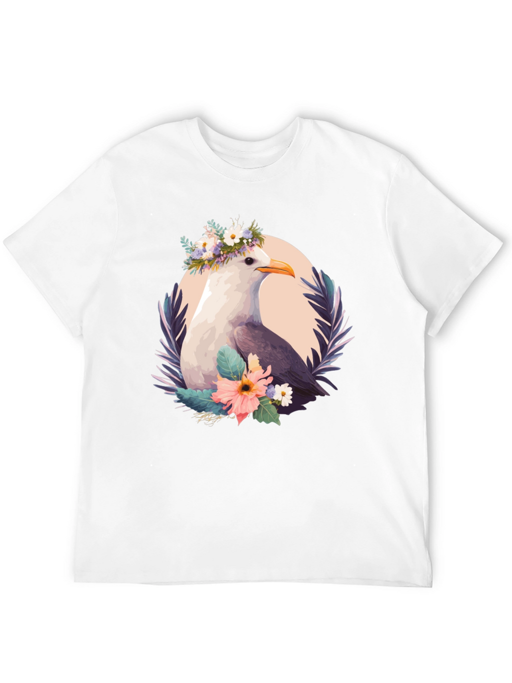 Seagull Floral Wreath Black T-Shirt