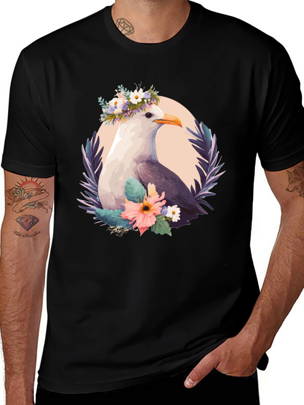 Seagull Floral Wreath Black T-Shirt