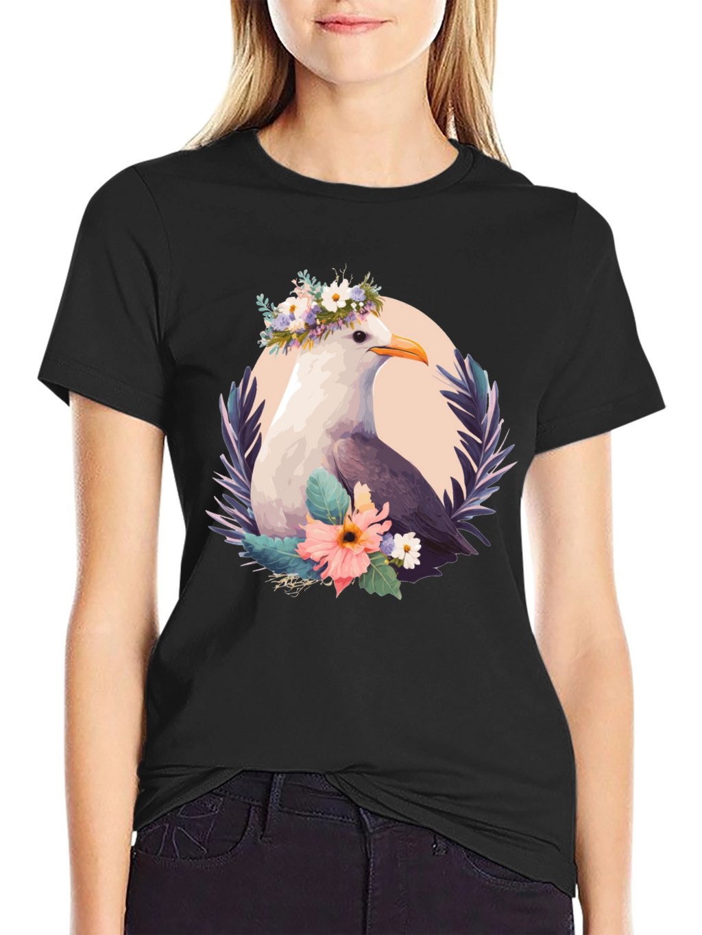Seagull Floral Wreath Black T-Shirt
