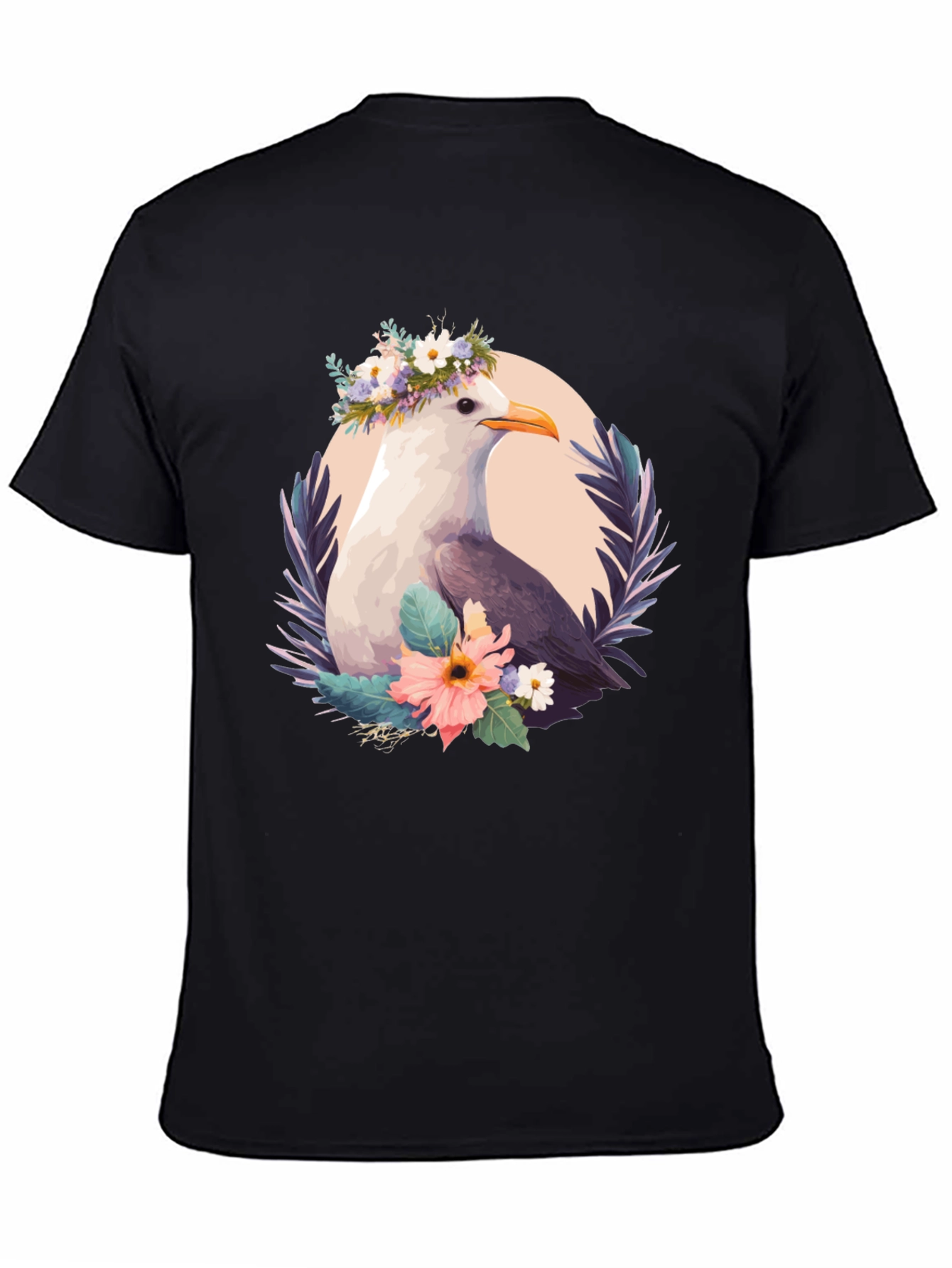Seagull Floral Wreath Black T-Shirt
