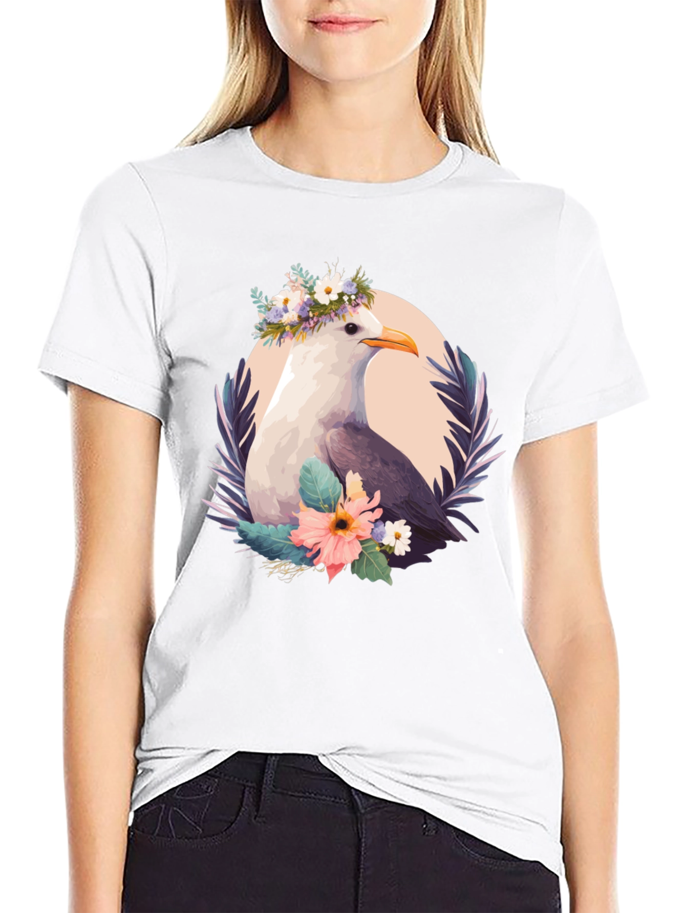 Seagull Floral Wreath Black T-Shirt