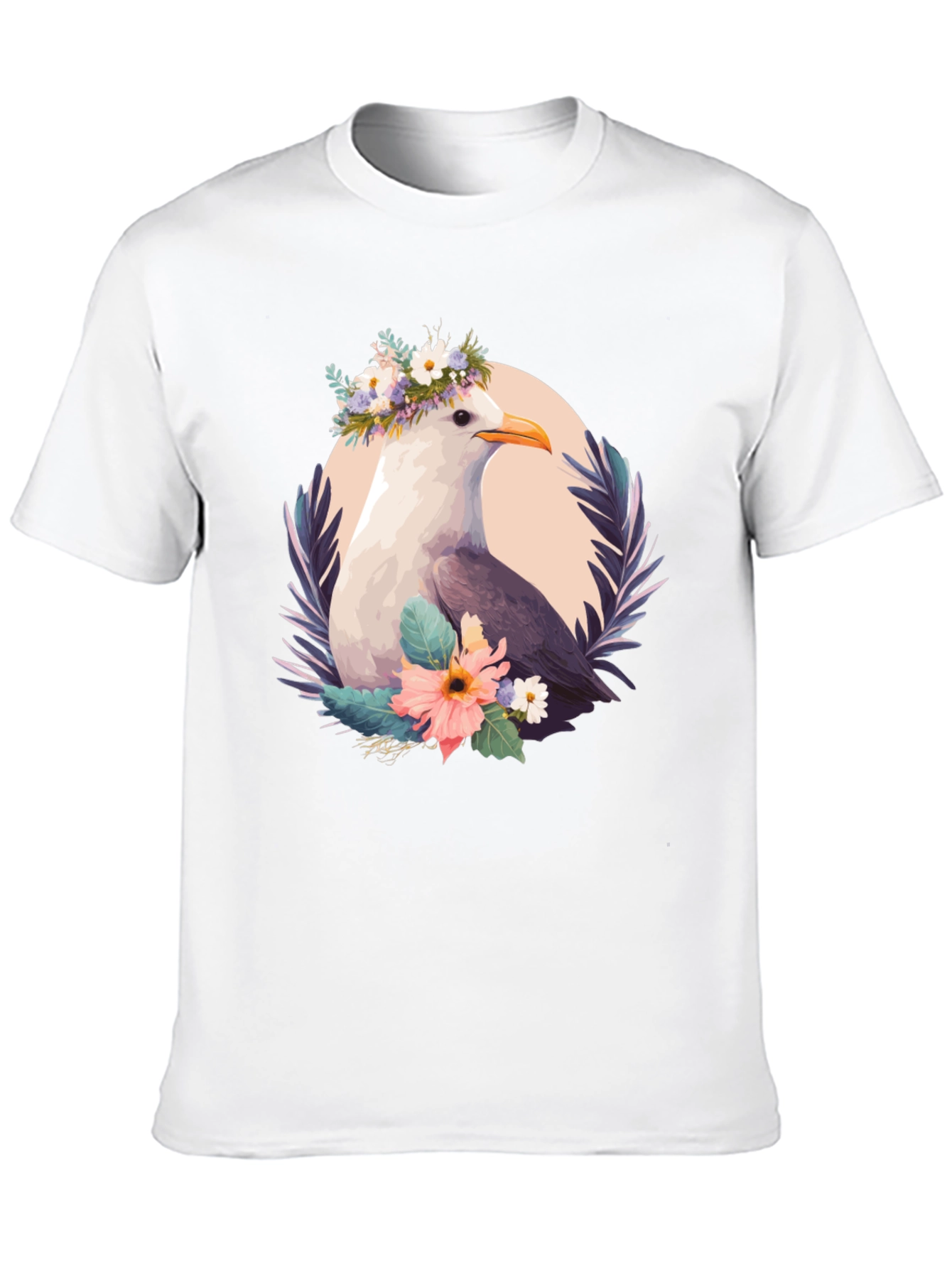 Seagull Floral Wreath Black T-Shirt