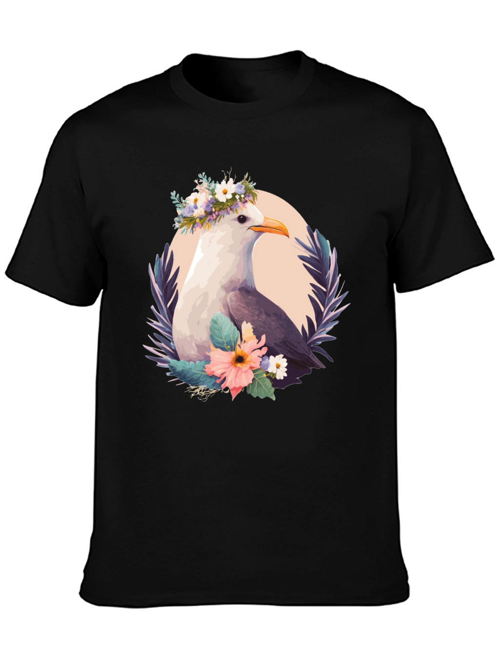 Seagull Floral Wreath Black T-Shirt