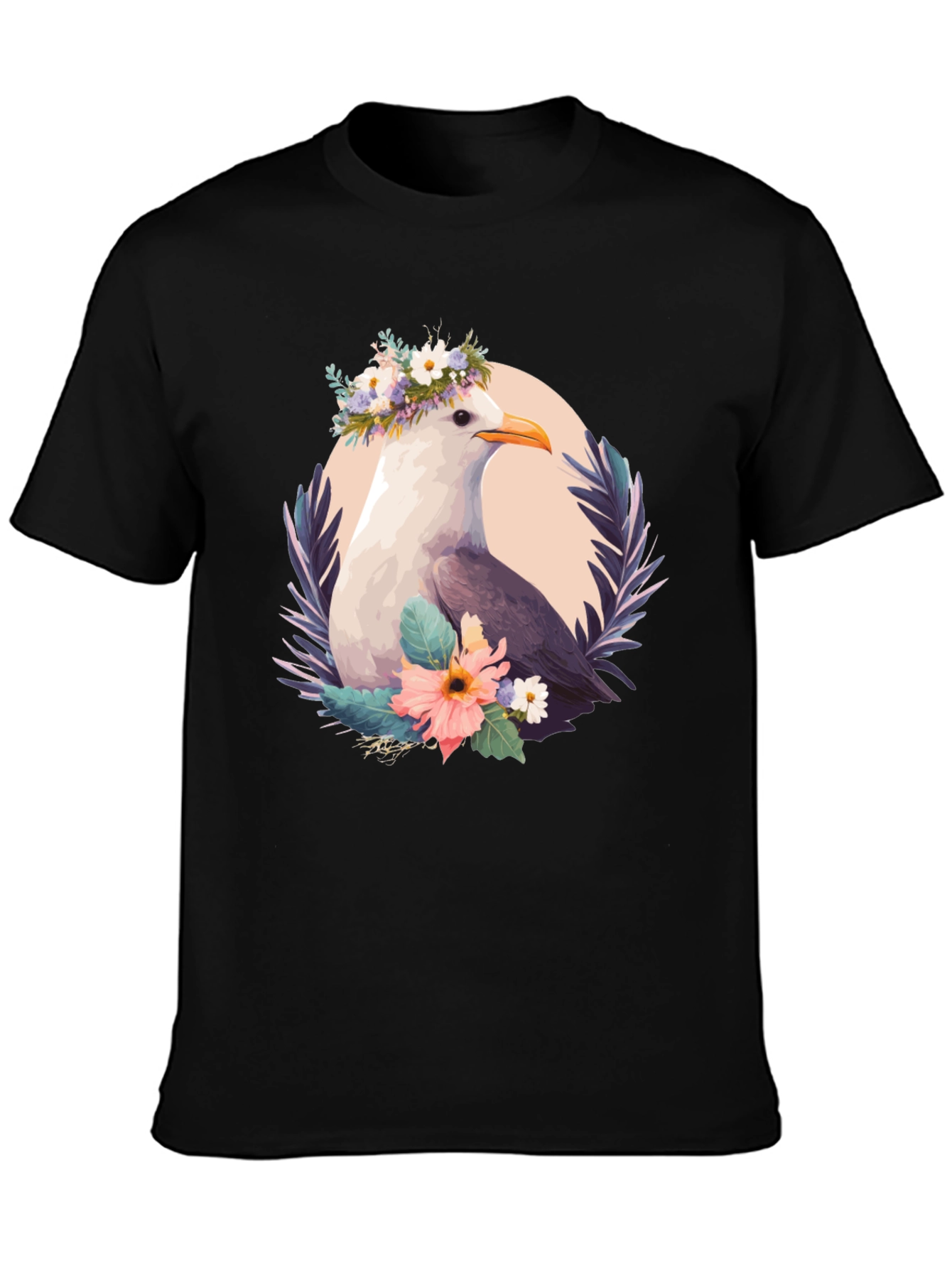 Seagull Floral Wreath Black T-Shirt