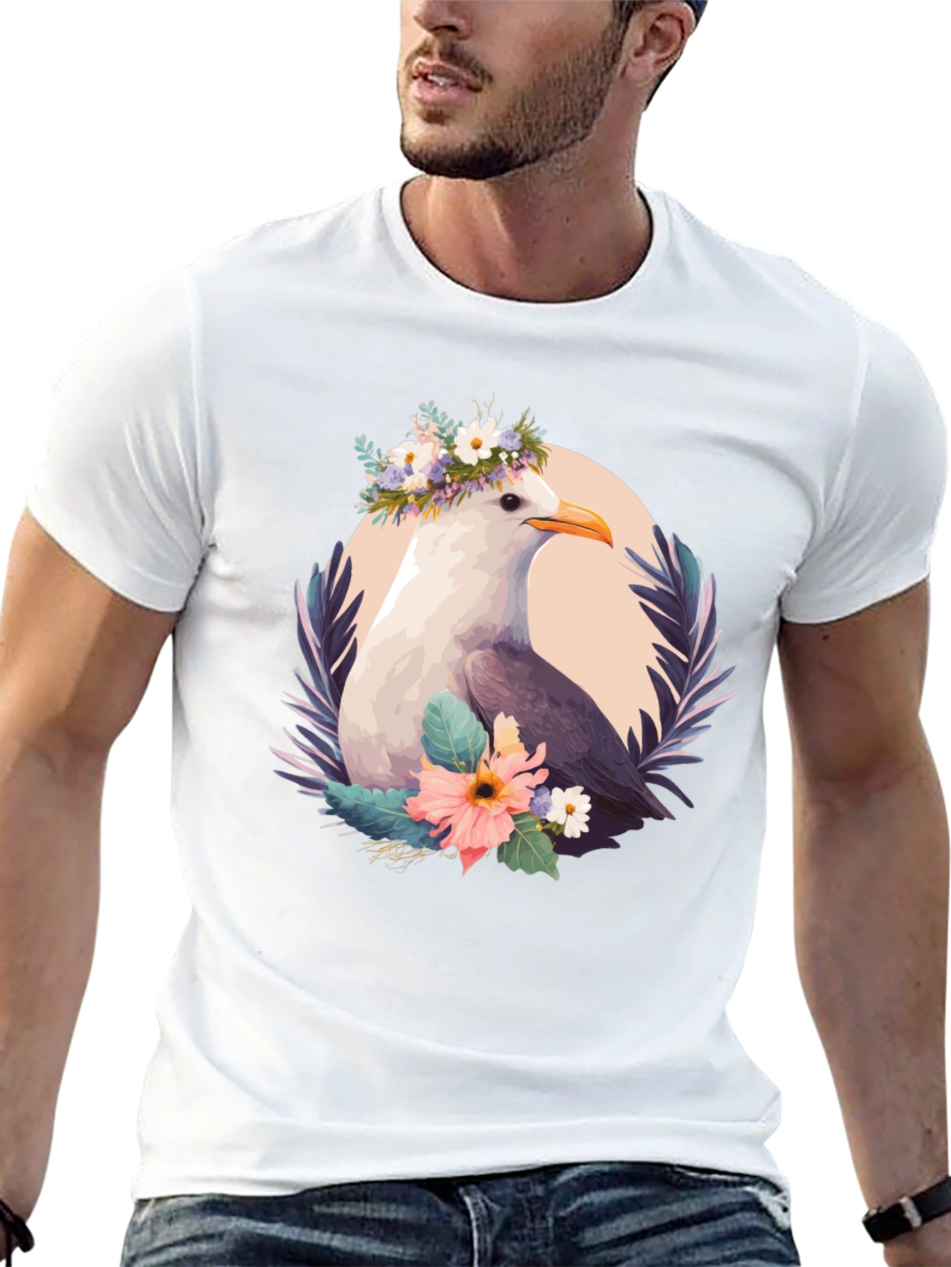 Seagull Floral Wreath Black T-Shirt