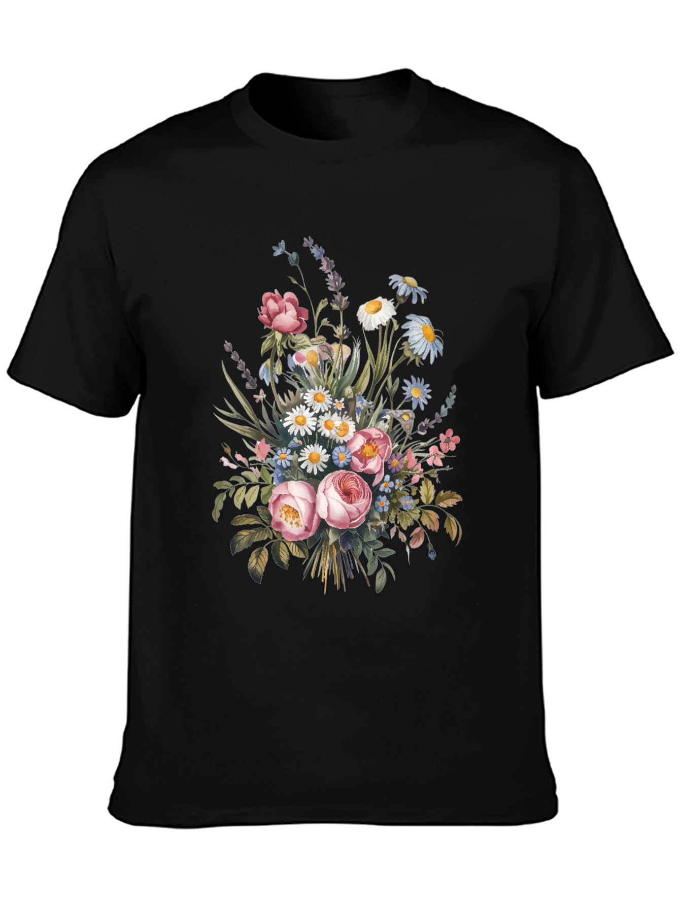 Floral Bouquet Graphic Print Black T-Shirt