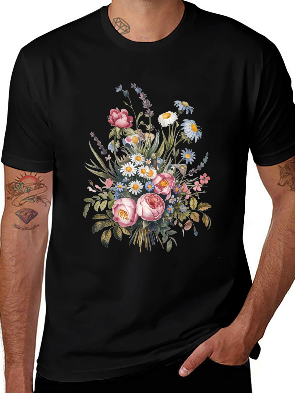 Floral Bouquet Graphic Print Black T-Shirt
