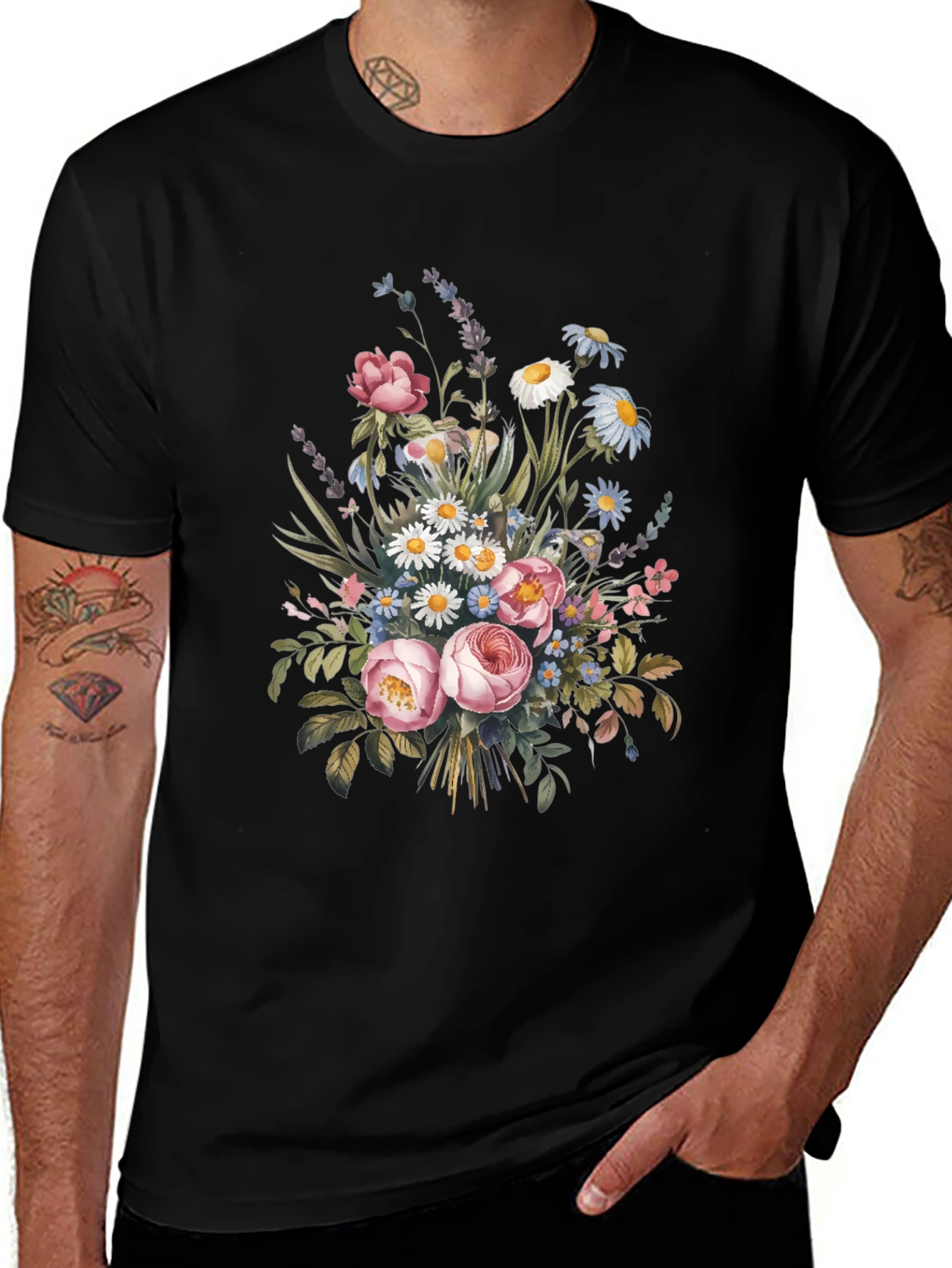 Floral Bouquet Graphic Print Black T-Shirt