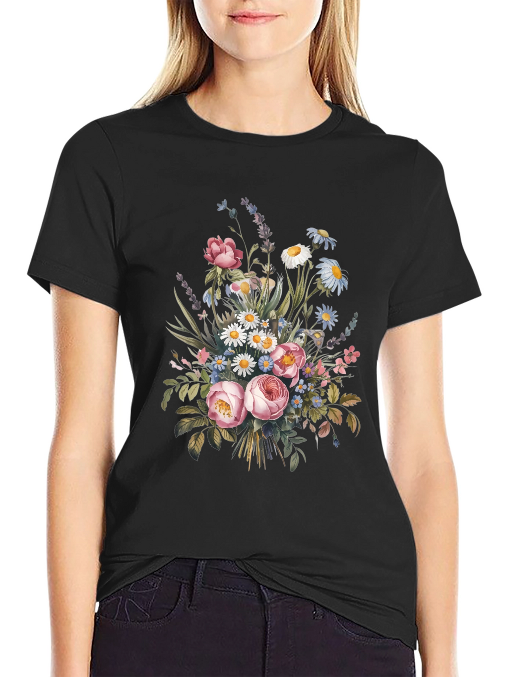 Floral Bouquet Graphic Print Black T-Shirt