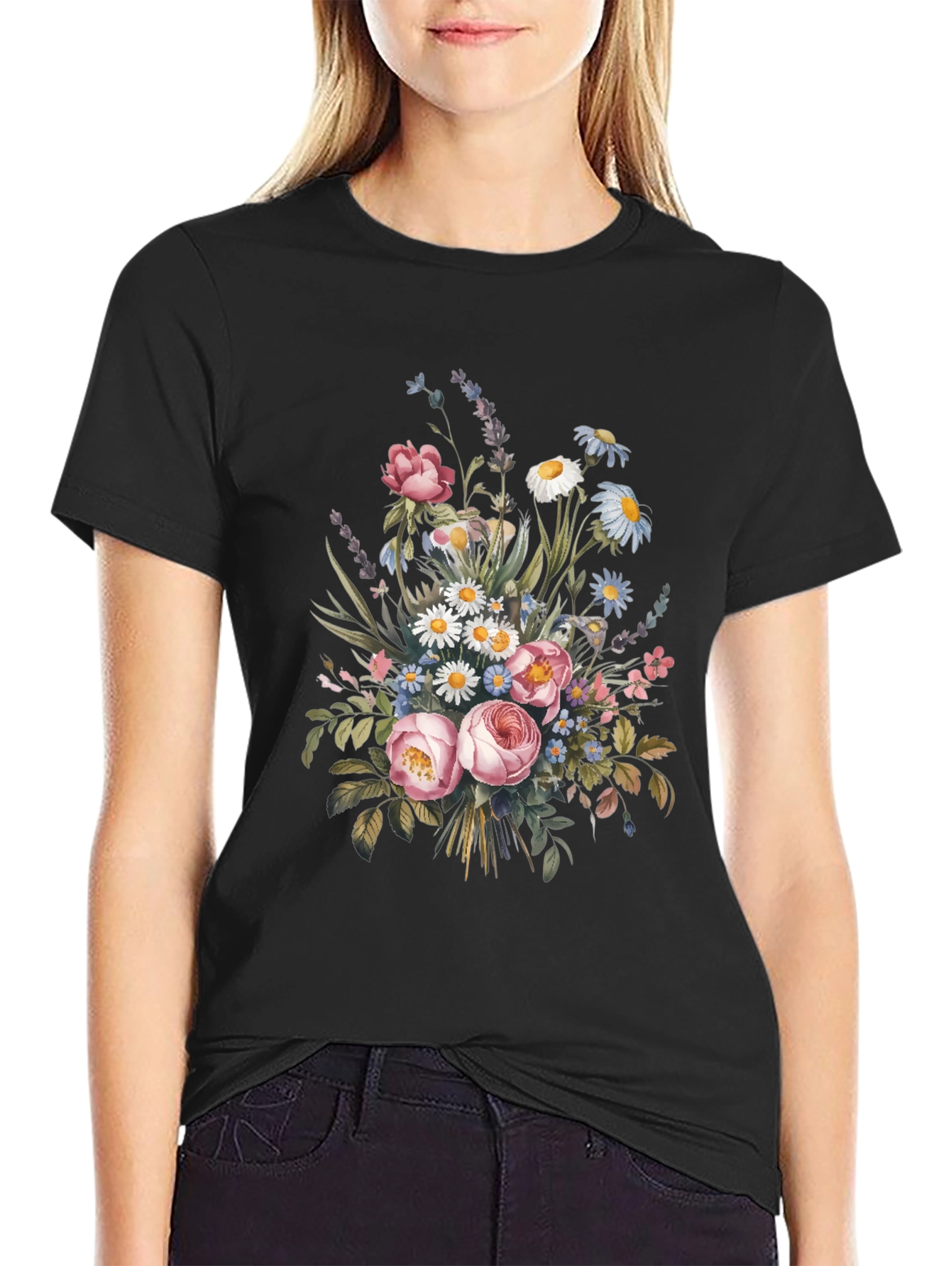 Floral Bouquet Graphic Print Black T-Shirt
