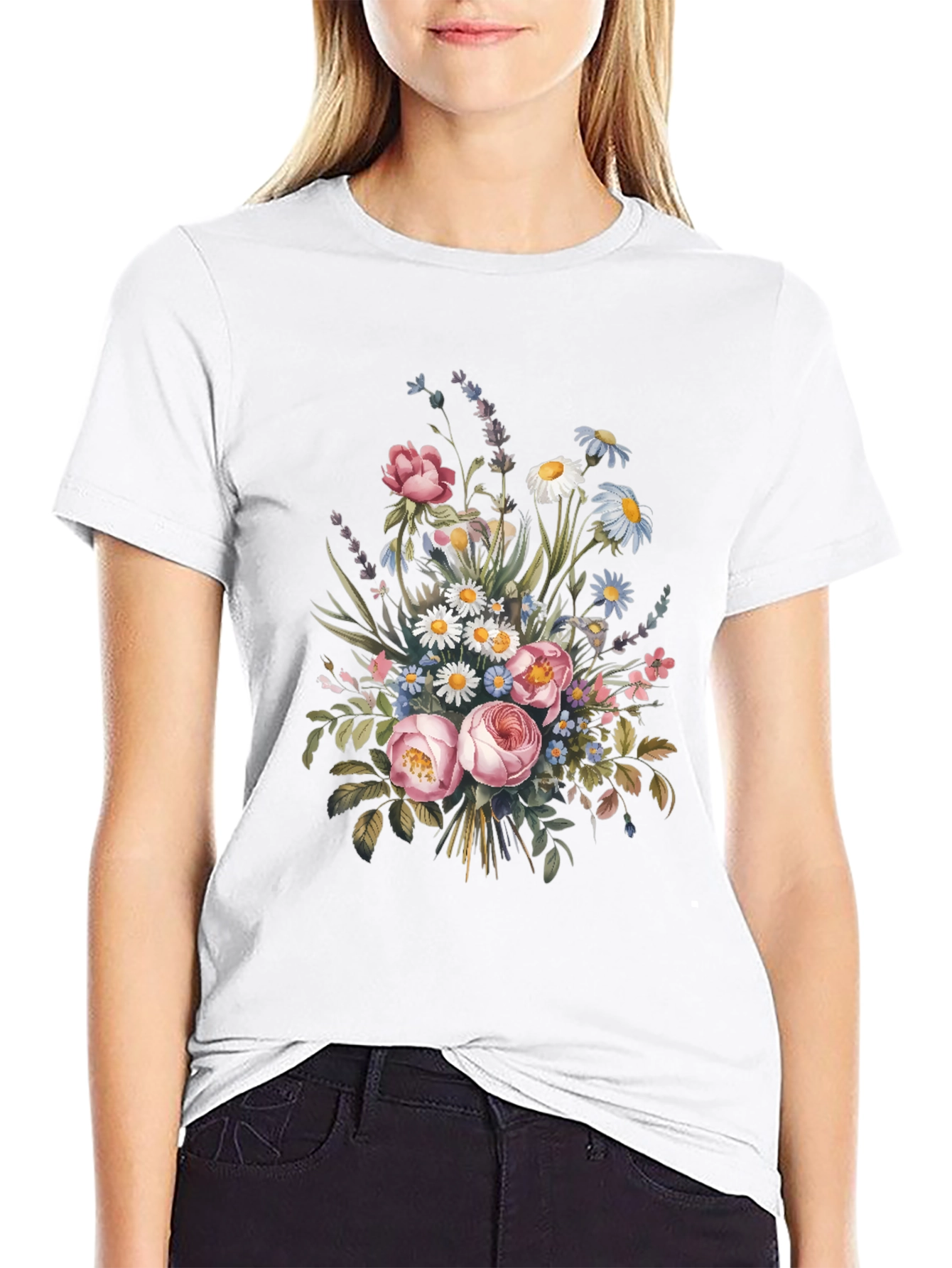 Floral Bouquet Graphic Print Black T-Shirt