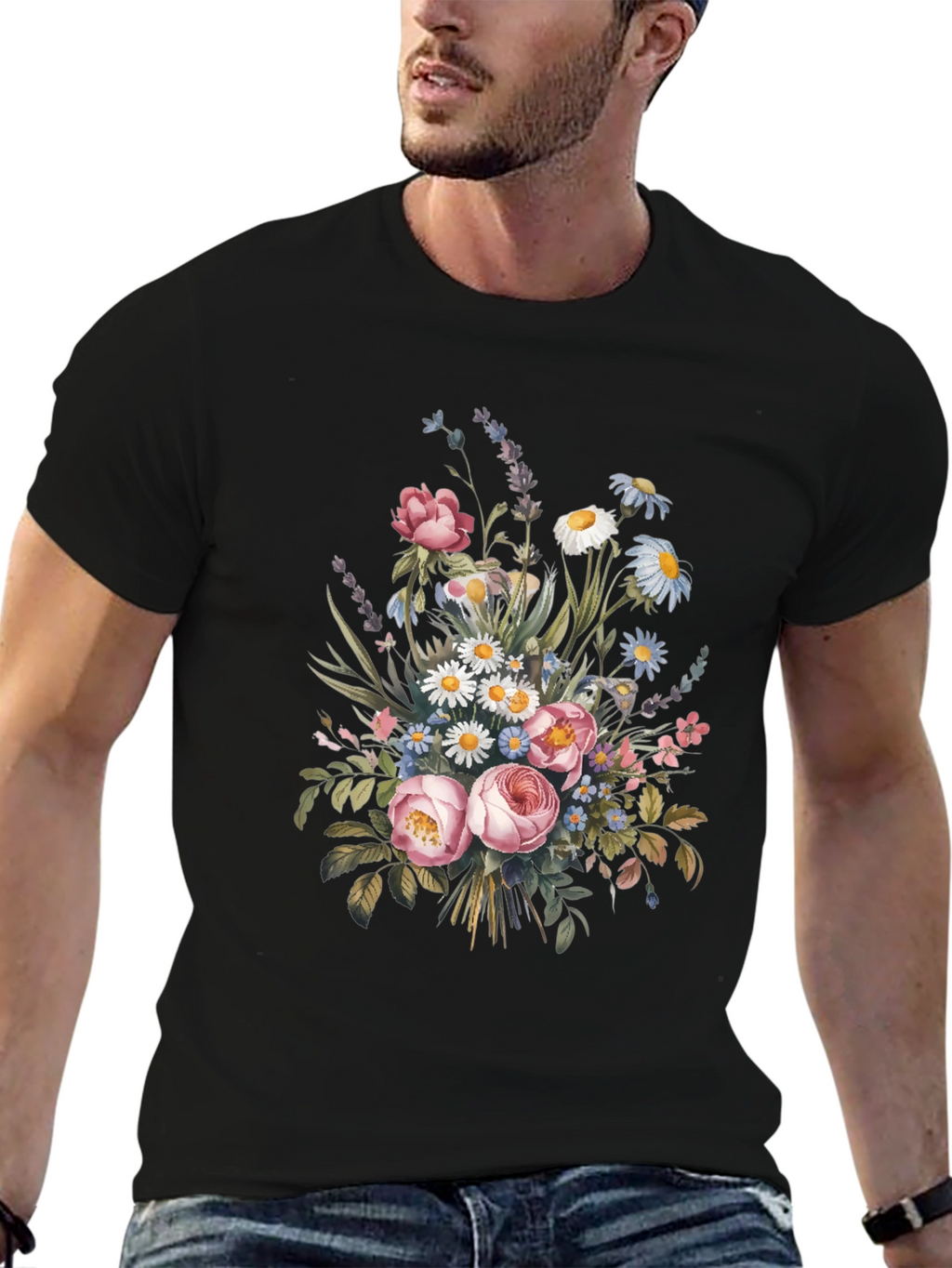 Floral Bouquet Graphic Print Black T-Shirt