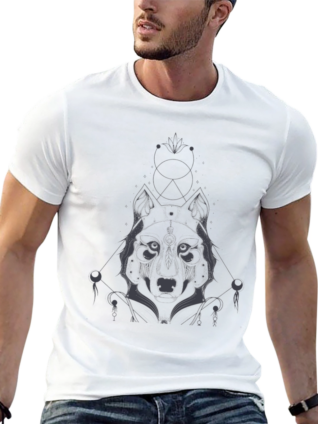 Geometric Wolf Graphic Tee - Black Cotton Blend Shirt