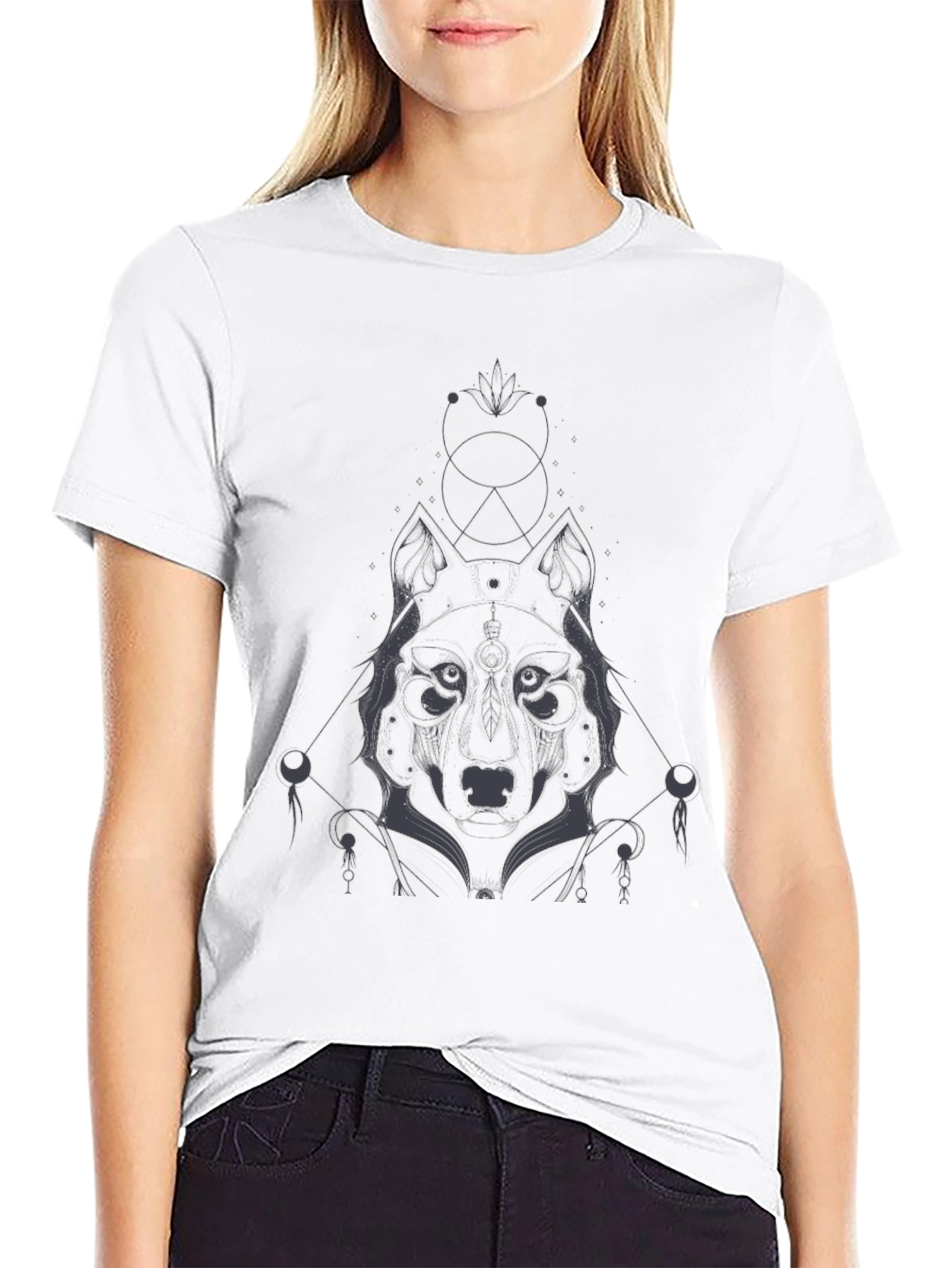 Geometric Wolf Graphic Tee - Black Cotton Blend Shirt
