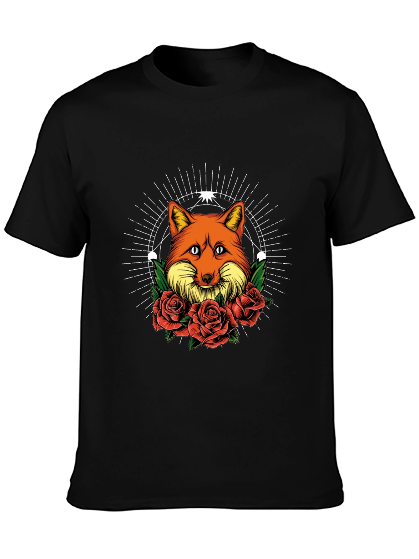 Fox & Roses Graphic Print Tee - Stylish Mens Black T-Shirt