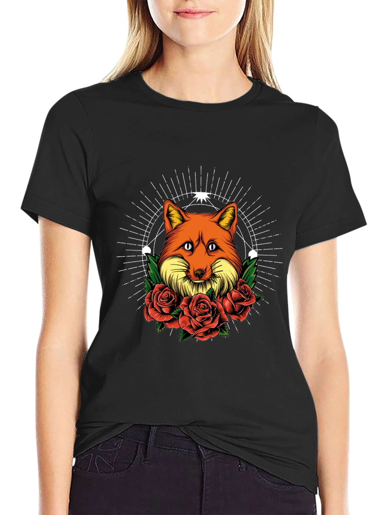 Fox & Roses Graphic Print Tee - Stylish Mens Black T-Shirt