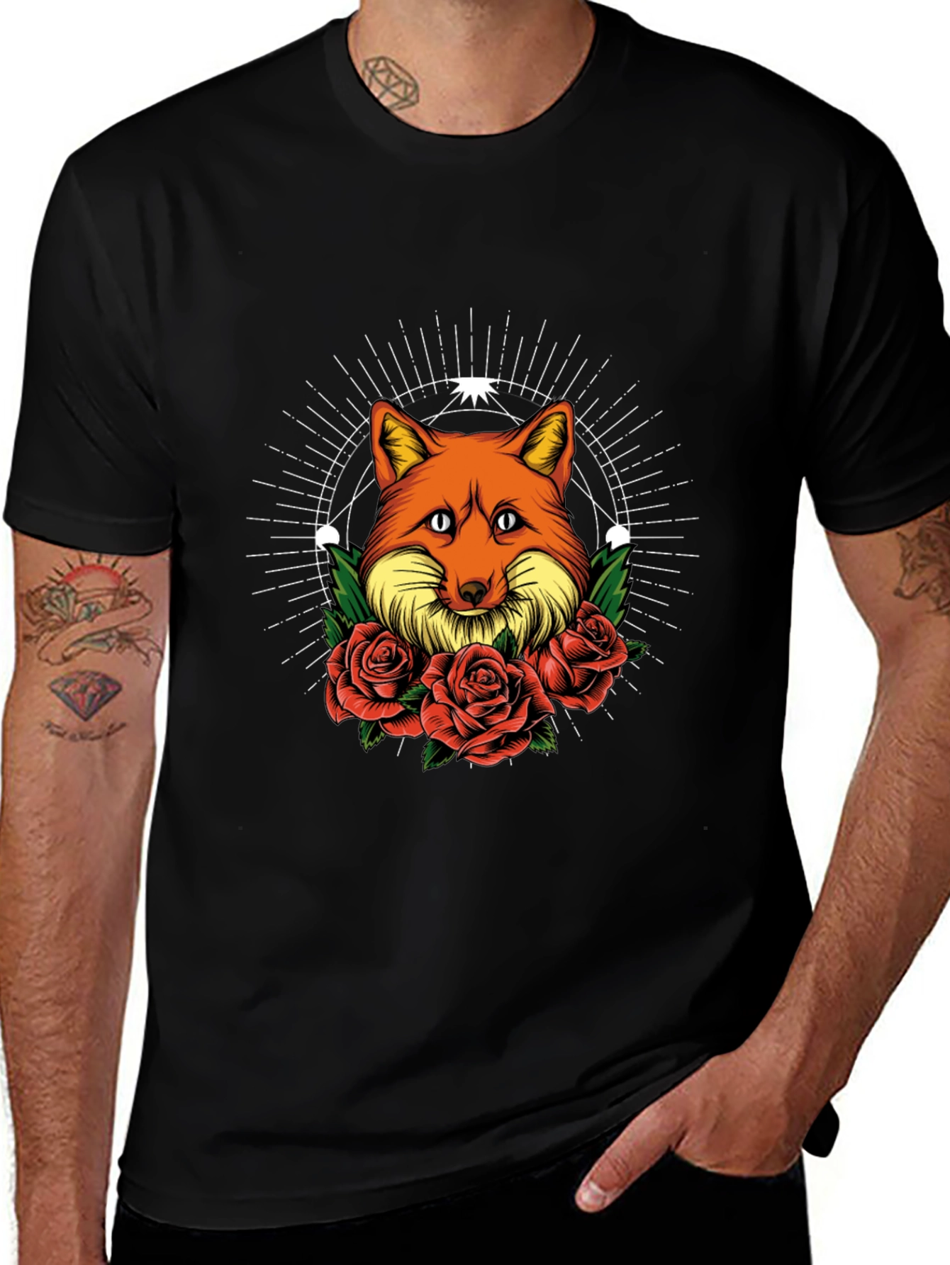 Fox & Roses Graphic Print Tee - Stylish Mens Black T-Shirt