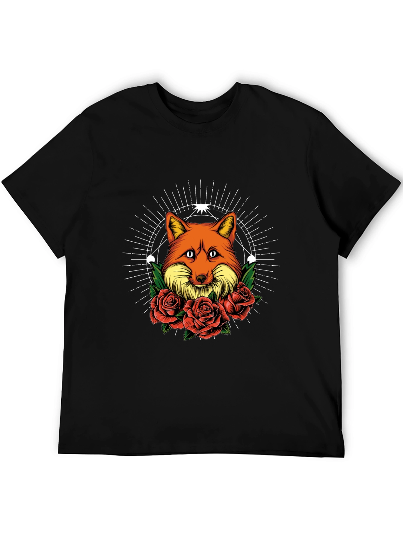Fox & Roses Graphic Print Tee - Stylish Mens Black T-Shirt