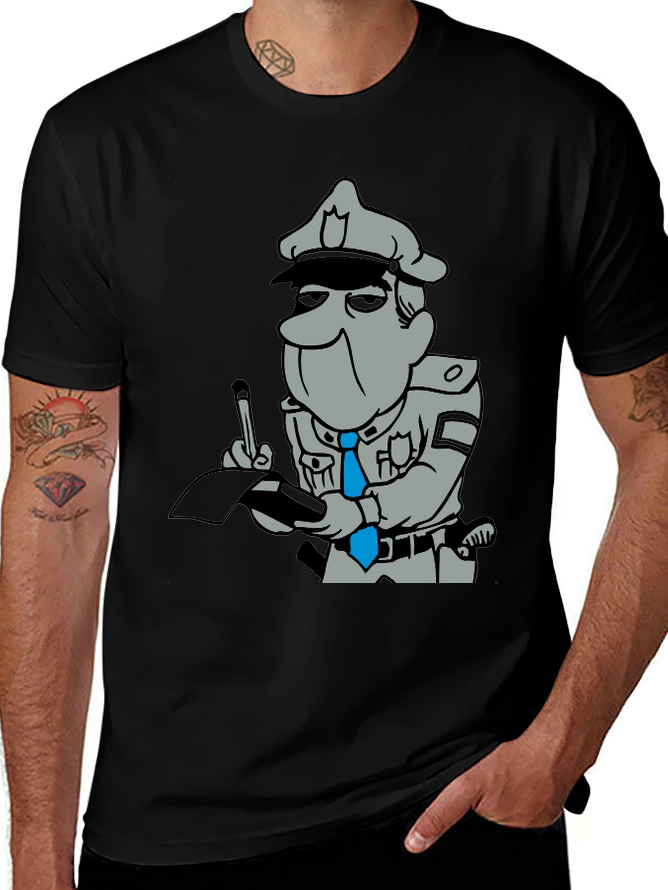 Cartoon Cop Black T-Shirt