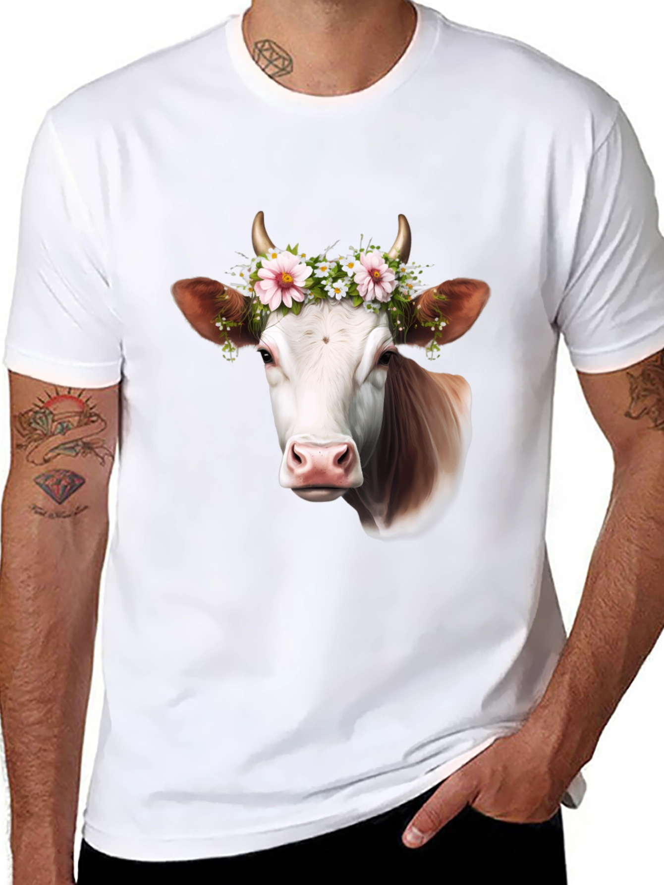 Cow with Flower Crown Graphic T-Shirt