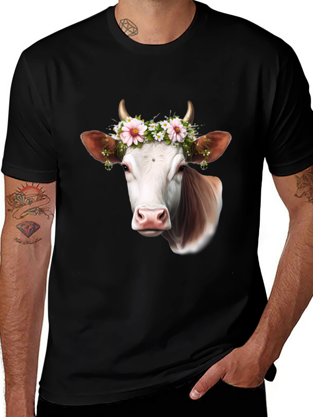 Cow with Flower Crown Graphic T-Shirt