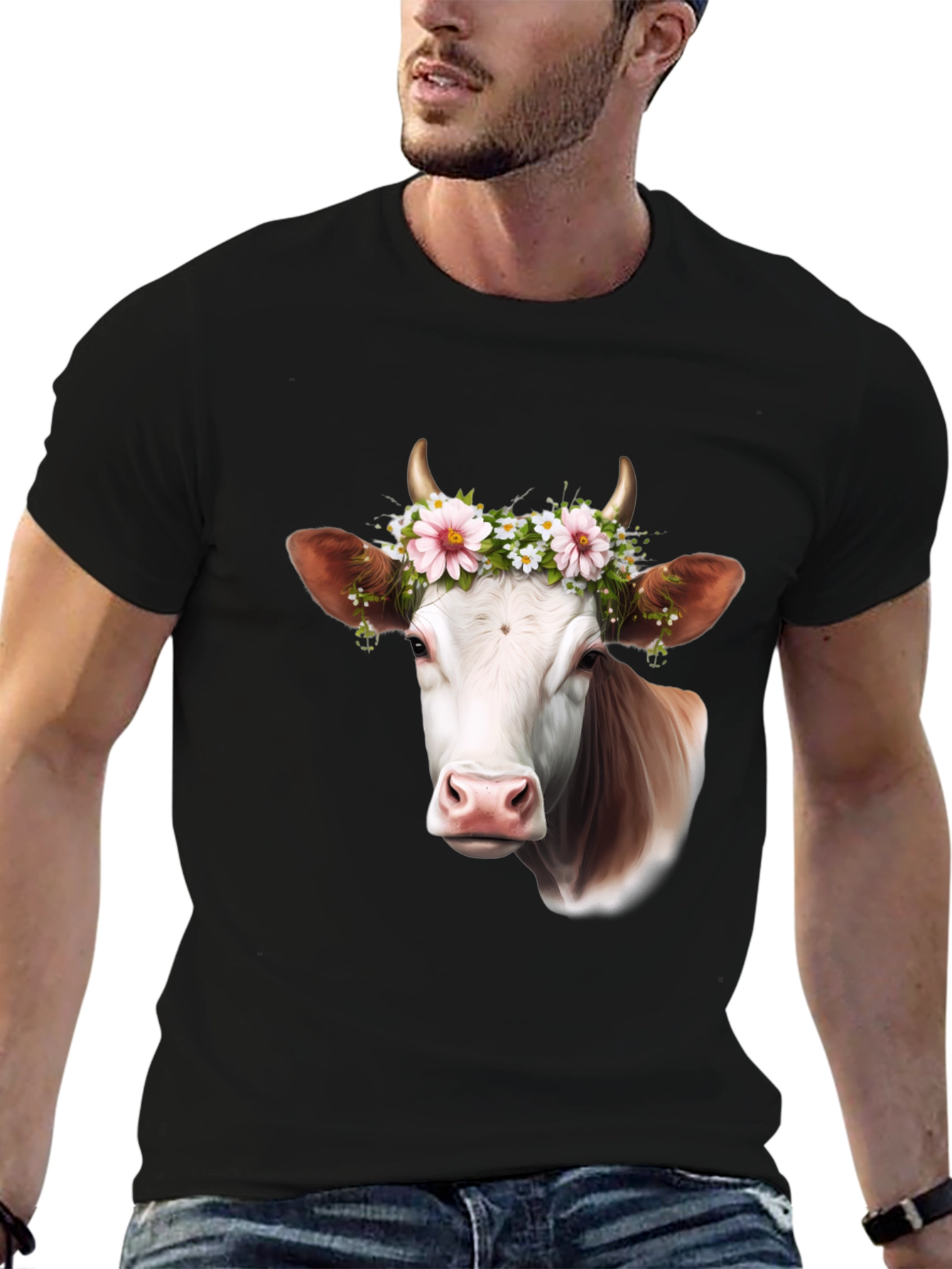 Cow with Flower Crown Graphic T-Shirt